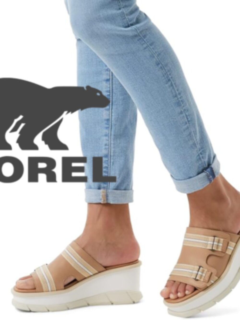 Sorel Joanie Wedge Platform Sandals Tan Beige Cream Open Toe Adjustable Size 8